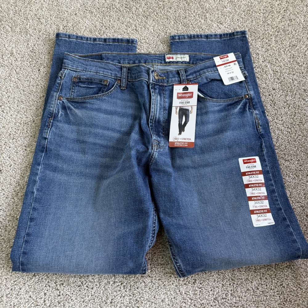 Wrangler Five Star Athletic Fit Jeans Mens 34x32 Med Wash Blue Denim Stretch